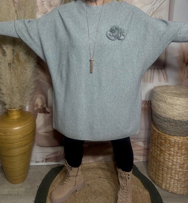 Robe-pull gris perle SANS LAINE ou maxi-pull oversize 3 fleurs du 42 au 52/54 