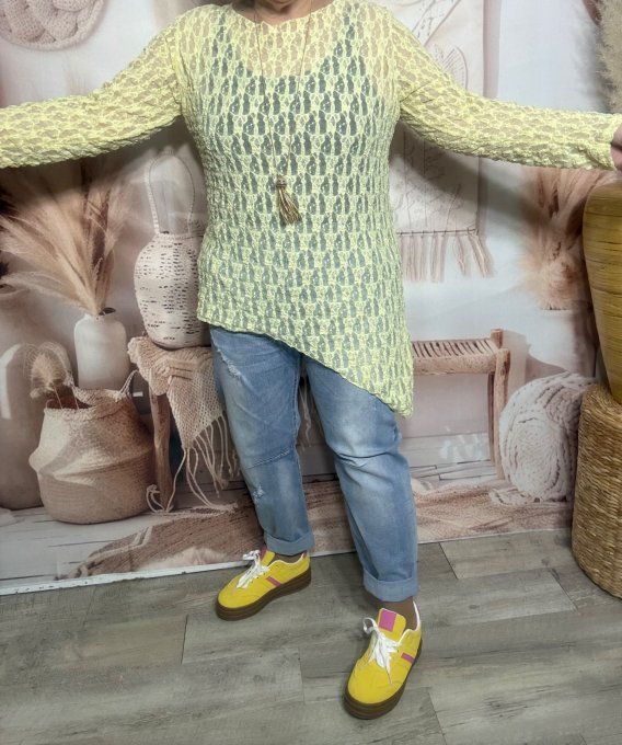 Top asymétrique dentelle jaune pastel manches longues confort +++ du 36 au 48  