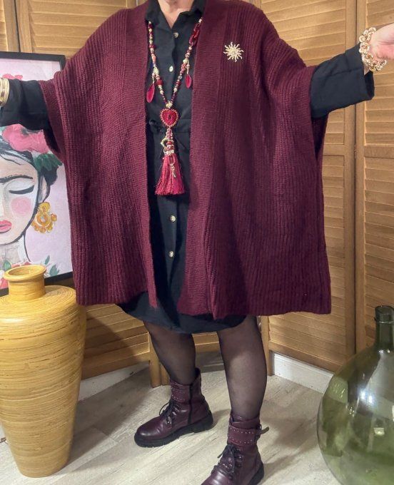Gilet sans manches oversize Bordeaux + broche dorée Soleil du 42 au 56/58 et même + 