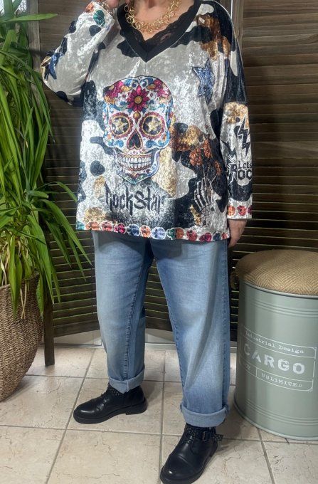 Top ample panne de velours Mexican Skulls Calavera douceur +++ du 42 au 54/56