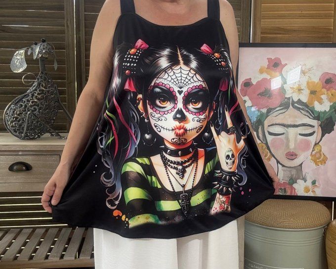 Top débardeur trapèze noir The Catarina Skulls Calavera Girl du 40 au 50/52 