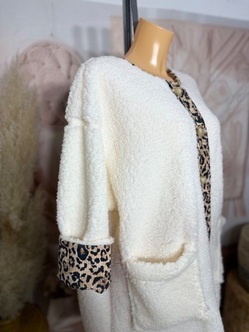 Gilet-veste moumoute Sherpa écrue et suédine Léopard du 40 au 52/54 et même + 