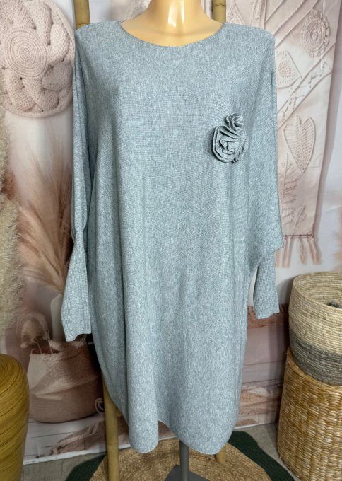 Robe-pull gris perle SANS LAINE ou maxi-pull oversize 3 fleurs du 42 au 52/54 