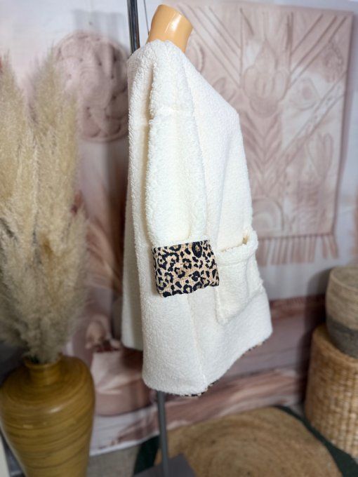 Gilet-veste moumoute Sherpa écrue et suédine Léopard du 40 au 52/54 et même + 