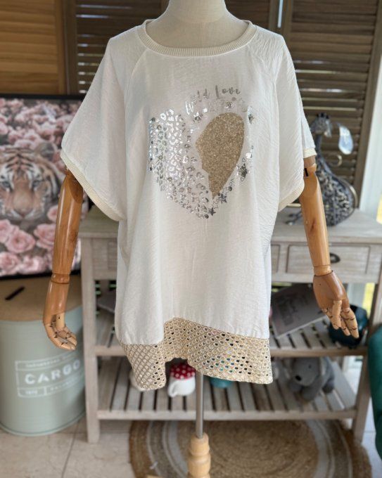 Top ample écru Le Coeur maille filet lurex doré or diamants strass du 40 au 48/50  