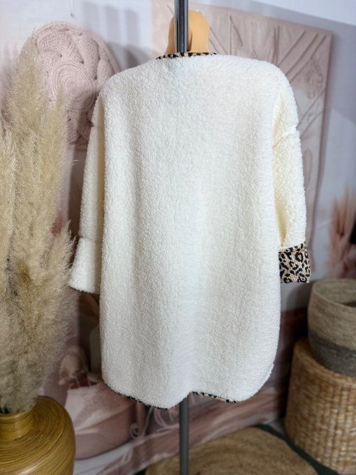 Gilet-veste moumoute Sherpa écrue et suédine Léopard du 40 au 52/54 et même + 