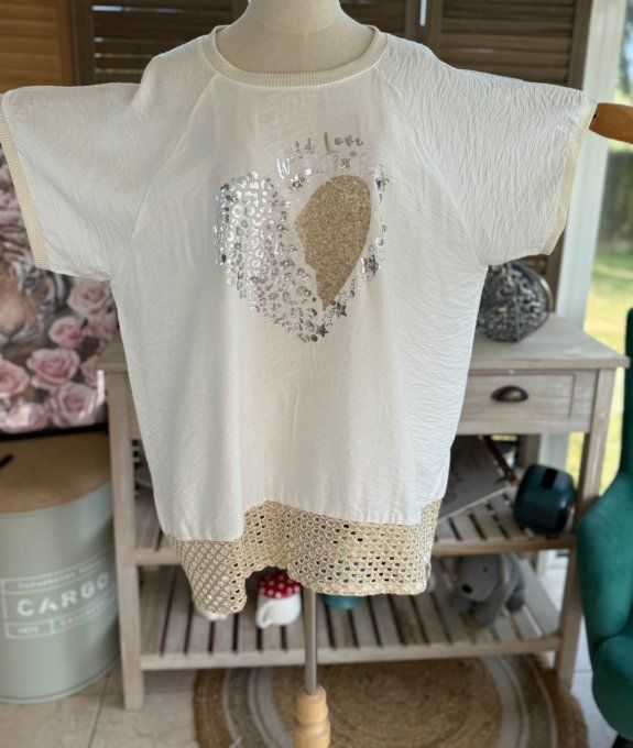Top ample écru Le Coeur maille filet lurex doré or diamants strass du 40 au 48/50  