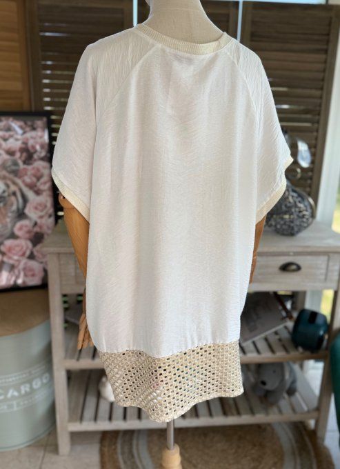 Top ample écru Le Coeur maille filet lurex doré or diamants strass du 40 au 48/50  