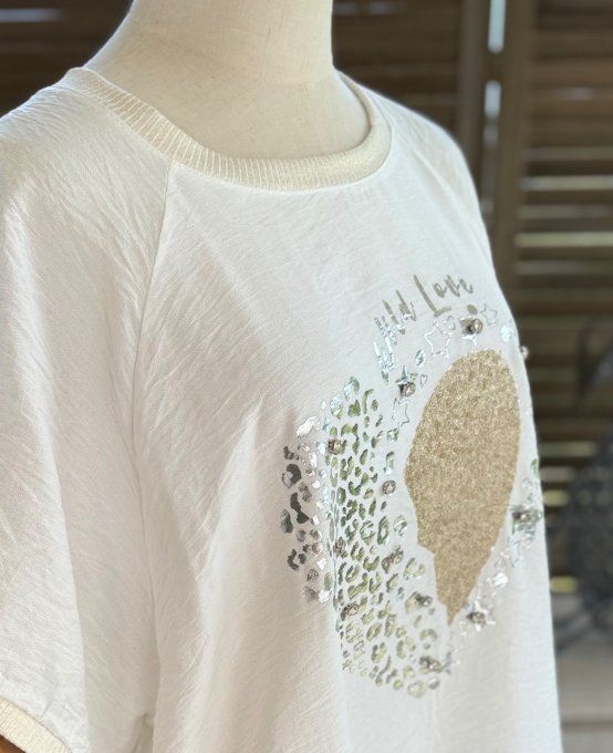 Top ample écru Le Coeur maille filet lurex doré or diamants strass du 40 au 48/50  