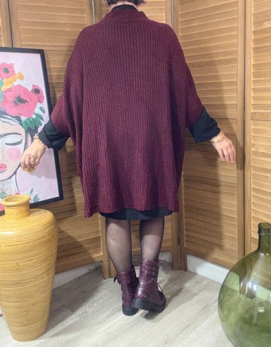 Gilet sans manches oversize Bordeaux + broche dorée Soleil du 42 au 56/58 et même + 