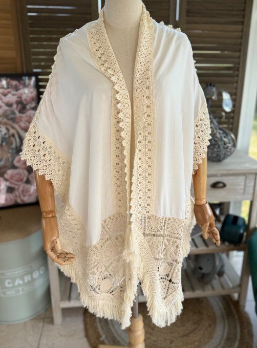 Gilet ample long beige broderie anglaise fleurs et franges du 40 au 50/52