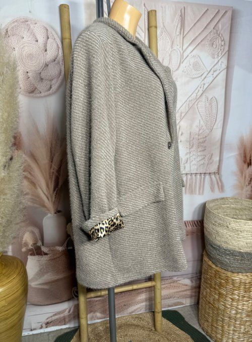 Veste blazer velours Chevrons camel beige doublée Léopard + broche Soleil du 42 au 50 et même + 