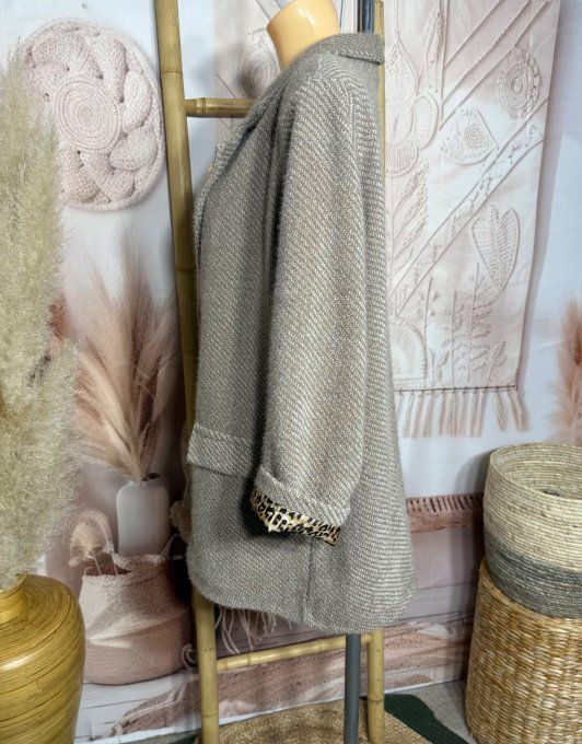Veste blazer velours Chevrons camel beige doublée Léopard + broche Soleil du 42 au 50 et même + 