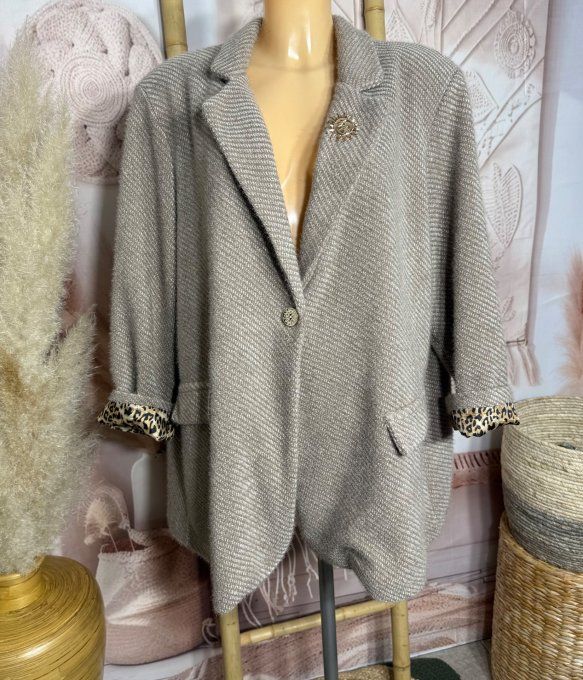 Veste blazer velours Chevrons camel beige doublée Léopard + broche Soleil du 42 au 50 et même + 