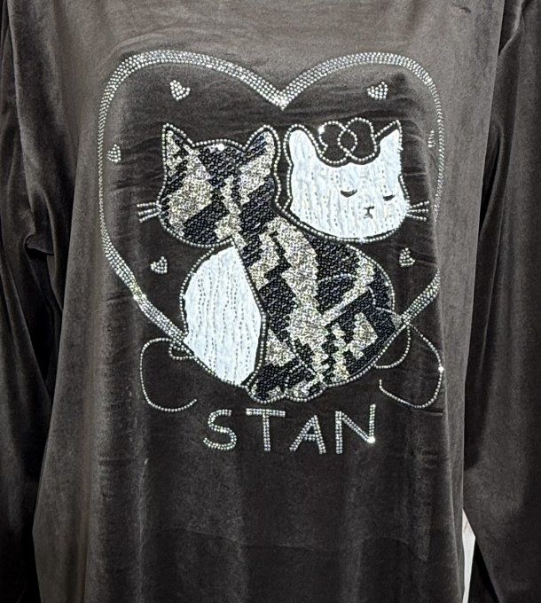 Top ample velours ras chocolat Le duo de chats strass douceur +++ du 38 au 50/52 