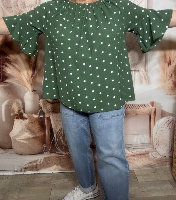 Blouse Bohème chic Kaki pois blancs manches volantées épaules dénudées du 38 au 50/52
