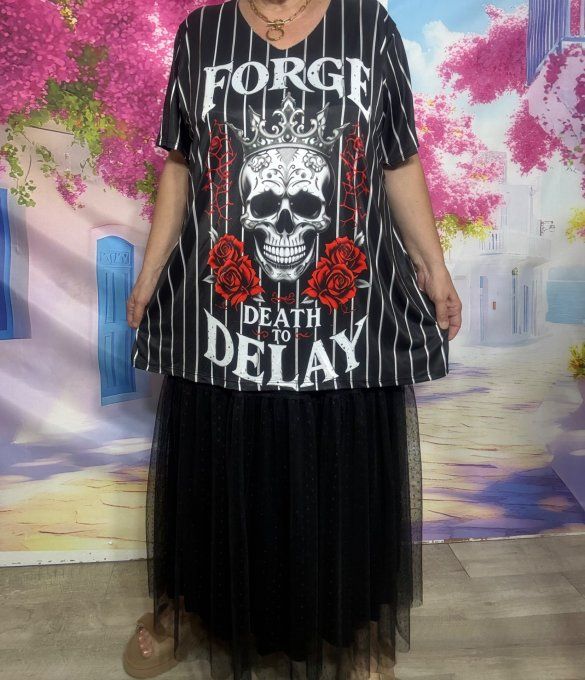 Tee-shirt fin trapèze oversize lycra noir rayé blanc Skulls TDM & Red Roses du 40 au 54 