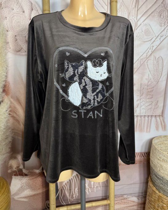 Top ample velours ras chocolat Le duo de chats strass douceur +++ du 38 au 50/52 