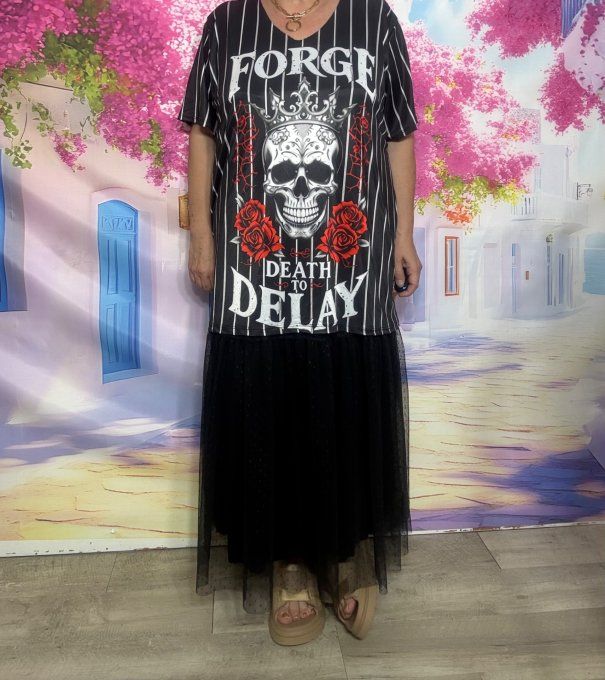 Tee-shirt fin trapèze oversize lycra noir rayé blanc Skulls TDM & Red Roses du 40 au 54 