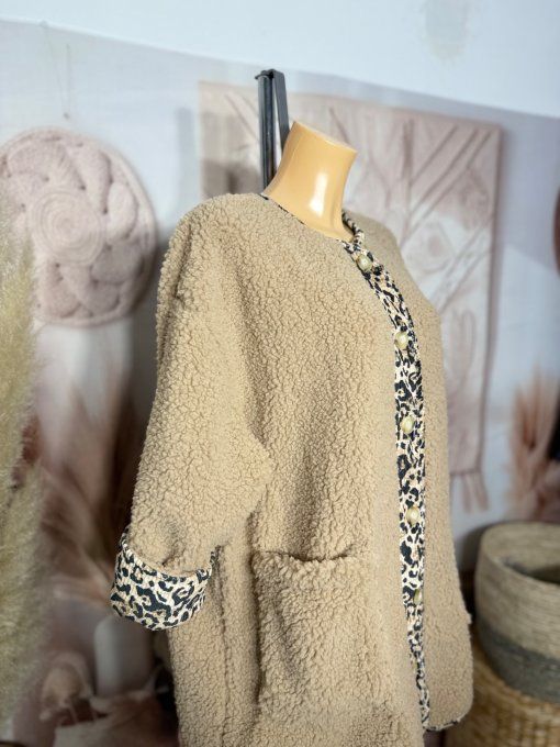 Gilet-veste moumoute Sherpa beige et suédine Léopard du 40 au 52/54 et même + 