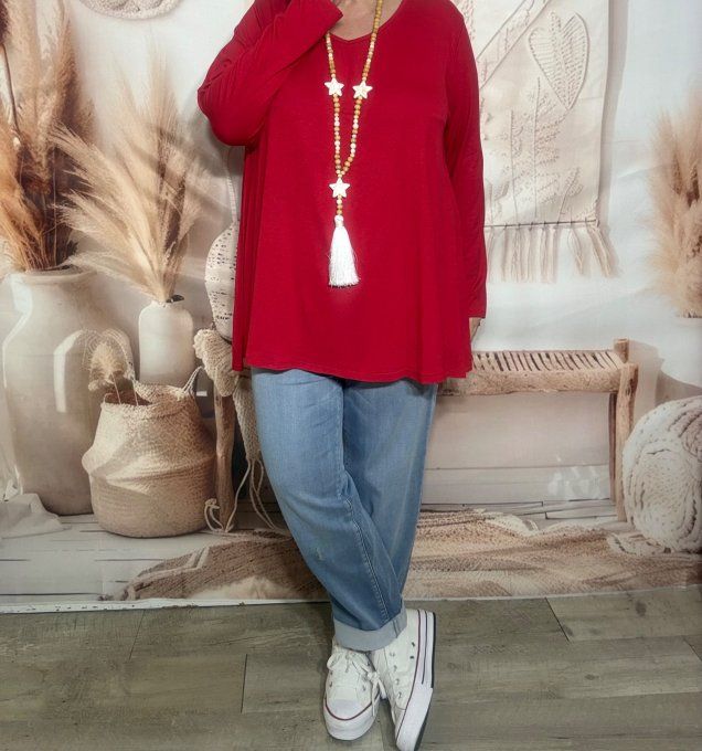 Top trapèze rouge manches longues col V collection Les Basiques du Dressing du 40 au 54 