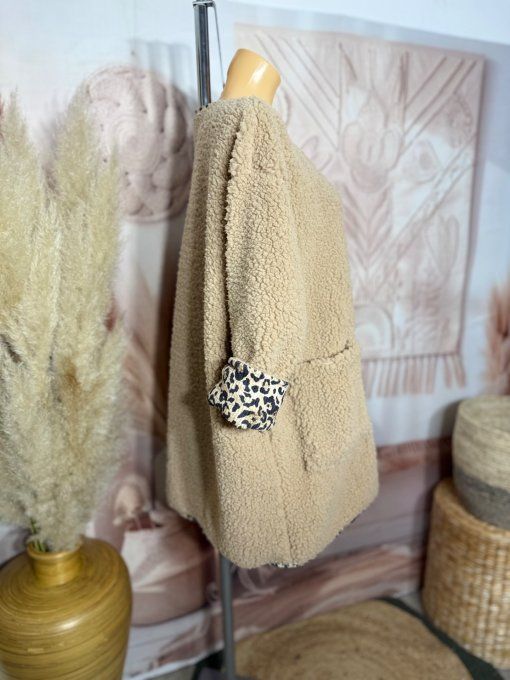 Gilet-veste moumoute Sherpa beige et suédine Léopard du 40 au 52/54 et même + 