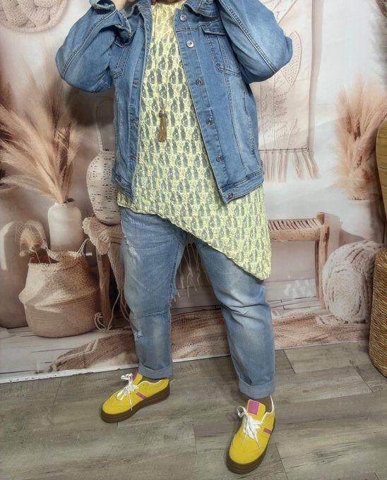 Top asymétrique dentelle jaune pastel manches longues confort +++ du 36 au 48  