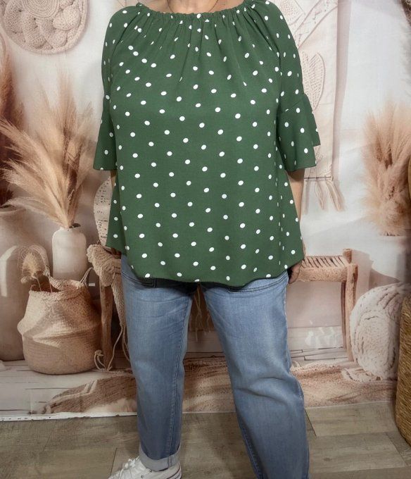Blouse Bohème chic Kaki pois blancs manches volantées épaules dénudées du 38 au 50/52