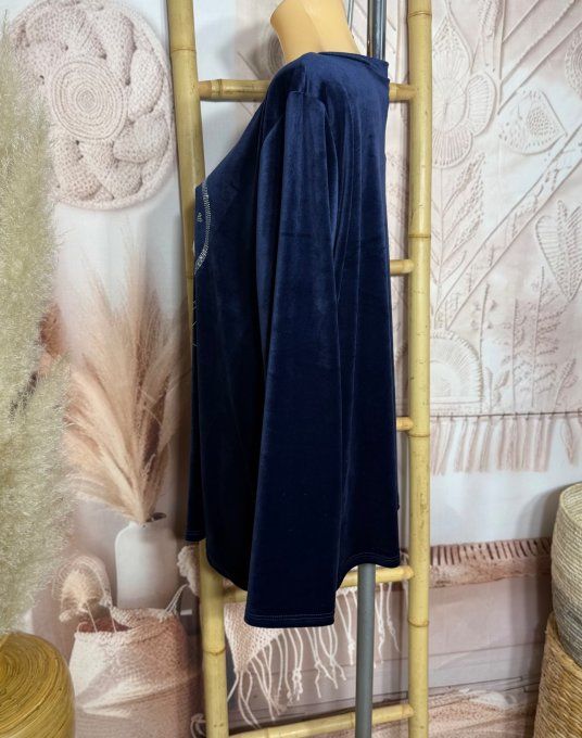 Top ample velours ras marine Le duo de chats strass douceur +++ du 38 au 50/52 