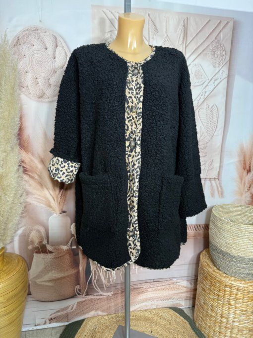Gilet-veste moumoute Sherpa noire et suédine Léopard du 40 au 52/54 et même +  