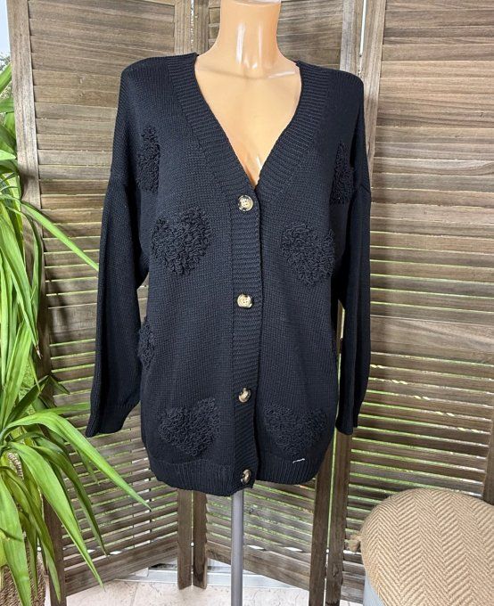 Gilet ample sans laine noir Coeurs bouclette en relief du 38 au 50 et même +