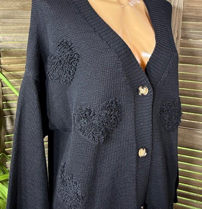 Gilet ample sans laine noir Coeurs bouclette en relief du 38 au 50 et même +