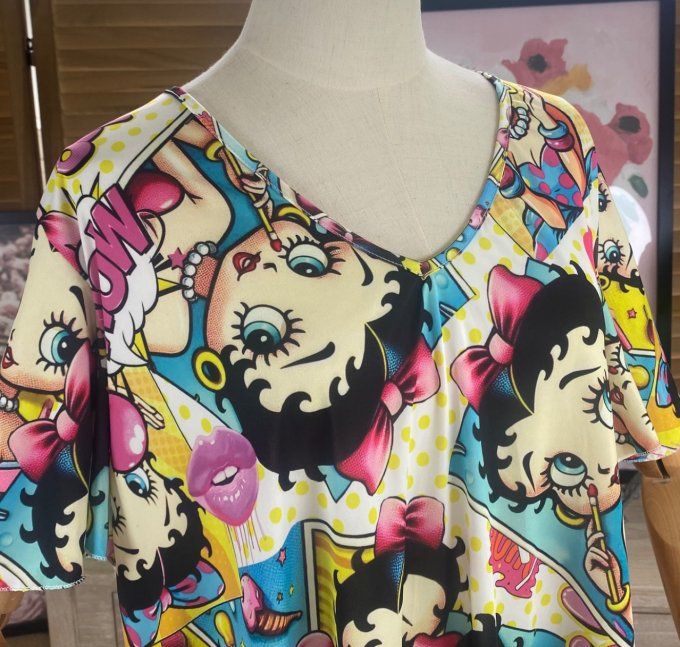 Top trapèze manches courtes volantées multicolore Betty Boop BD Comics du 38 au 52/54  
