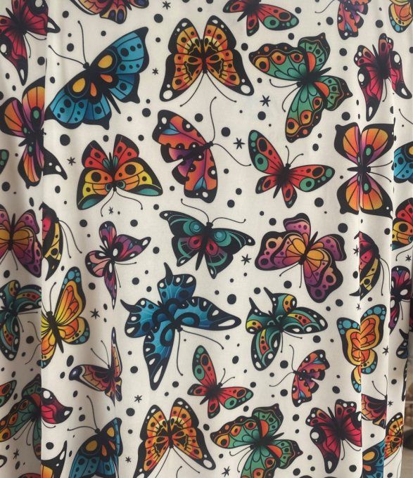 Top trapèze manches courtes volantées blanc Papillons multicolores du 38 au 52/54