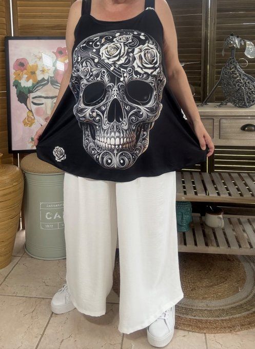 Top débardeur trapèze noir Musical Skulls Calavera & Flowers du 40 au 50/52