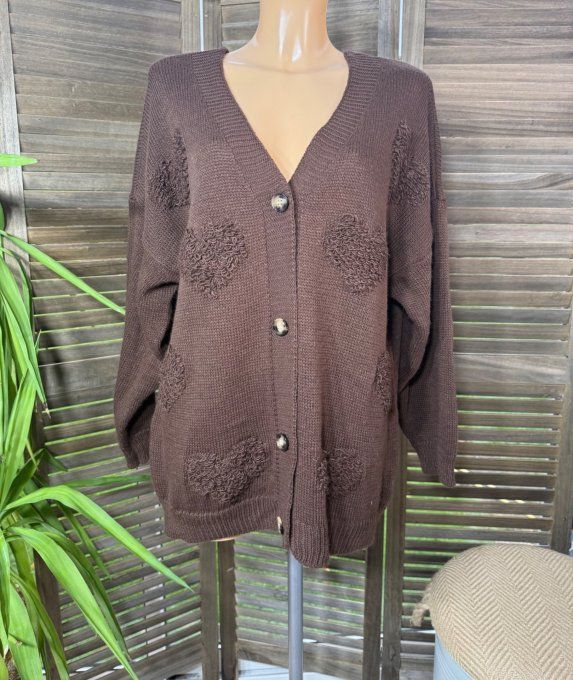 Gilet ample sans laine chocolat Coeurs bouclette en relief du 38 au 50 et même + 