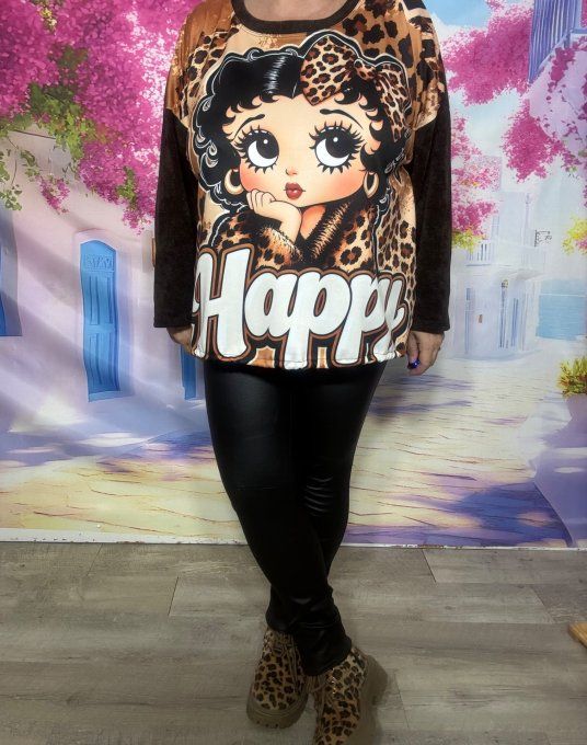 Sweat satiné et velours chocolat Léopard Betty Boop Pin up chic douceur +++ du 38 au 50/52
