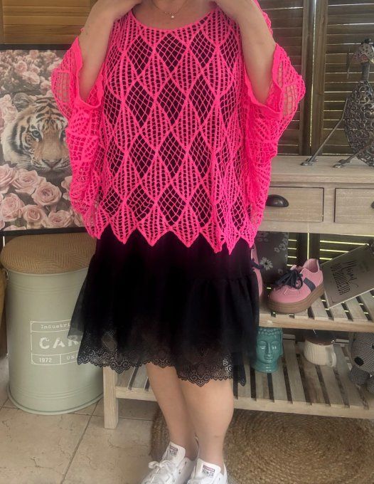 Pull d'été ample maille crochet broderie losanges rose fluo du 40 au 50