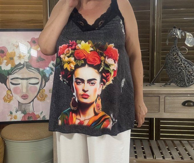 Caraco Débardeur trapèze satiné mat & dentelle effet jeans Frida Kahlo du 40 au 52 