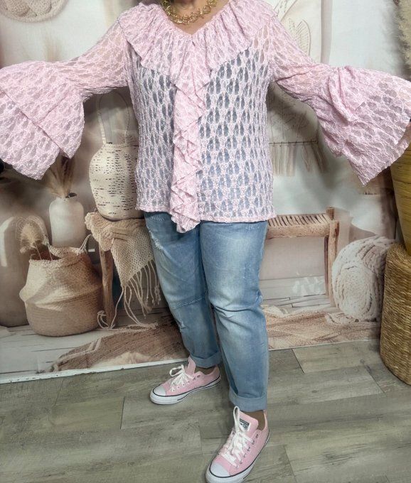Blouse trapèze col jabot dentelle rose layette manches pagodes confort +++  du 40 au 50/52