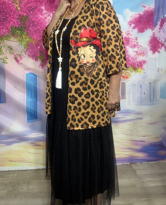 Gilet Kimono trapèze court lycra Léopard Betty Boop Country Girl manches 3/4 du 38 au 48/50 