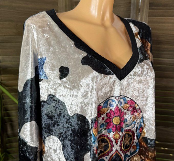Top ample panne de velours Mexican Skulls Calavera douceur +++ du 42 au 54/56