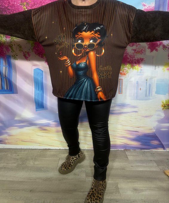 Sweat satiné et velours chocolat fines rayures Betty Boop Fashion douceur +++ du 38 au 50/52