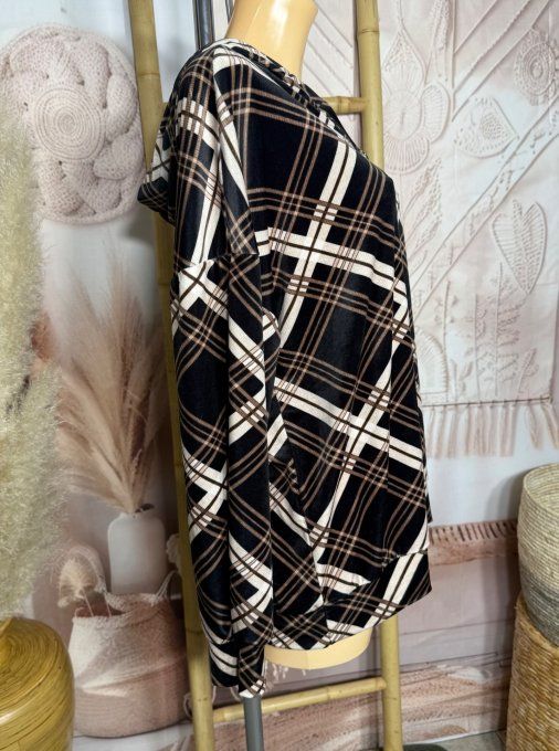 Top à capuche ample velours ras Tartan noir chocolat crème douceur +++ du 38 au 48