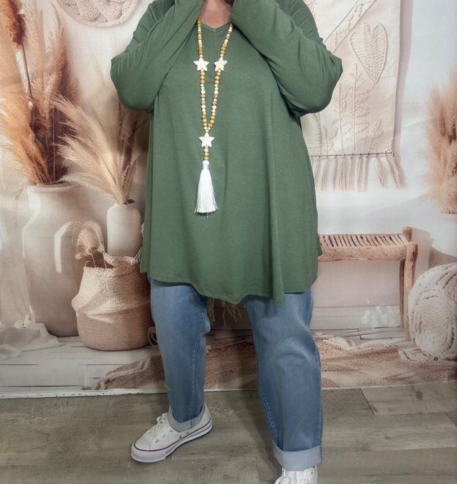 Top trapèze Kaki manches longues col V collection Les Basiques du Dressing du 40 au 54 