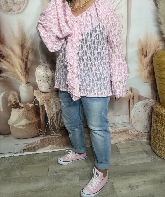Blouse trapèze col jabot dentelle rose layette manches pagodes confort +++  du 40 au 50/52