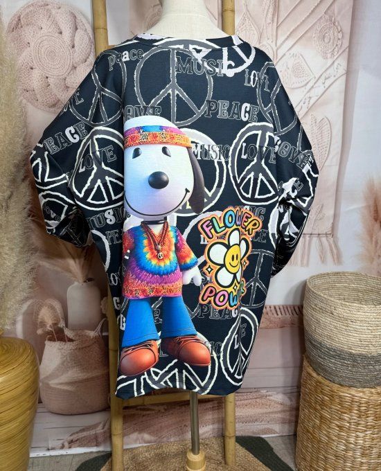 Sweat ample noir Snoopy Hippie Peace Spirit du 40 au 52/54 