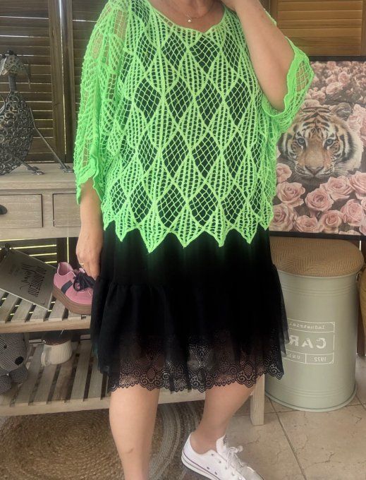 Pull d'été ample maille crochet broderie losanges vert fluo du 40 au 50 