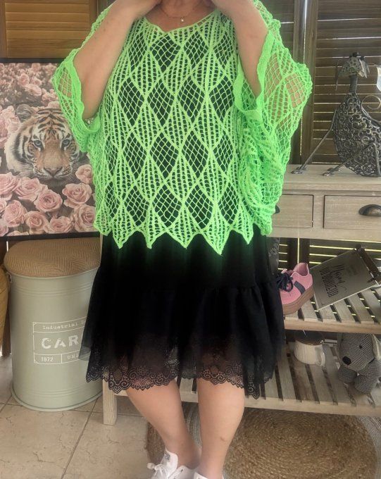 Pull d'été ample maille crochet broderie losanges vert fluo du 40 au 50 