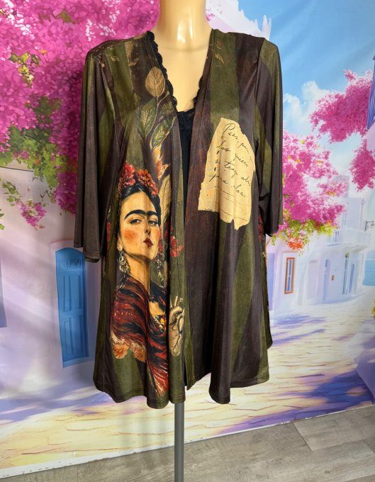 Gilet Kimono trapèze court lycra rayé chocolat kaki Frida Kahlo manches 3/4 du 38 au 48/50  